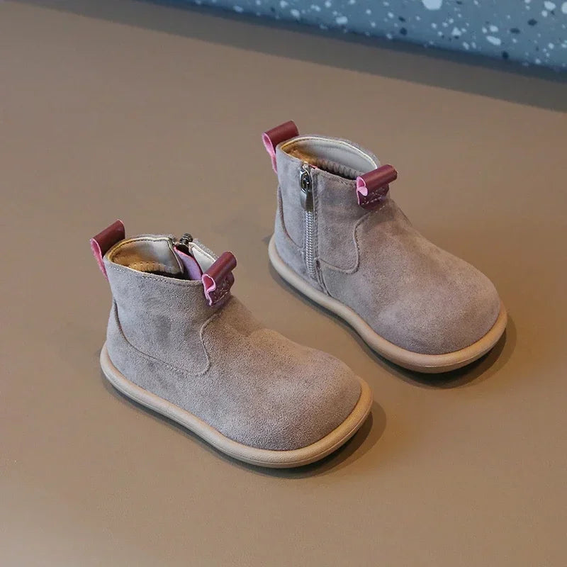 Toddler Suede-Look Ankle Boots with Side Zipper and Colorful Pull Tabs, Green Pink or Yellow Casual Short Boots for Boys and Girls in Sizes 21–30