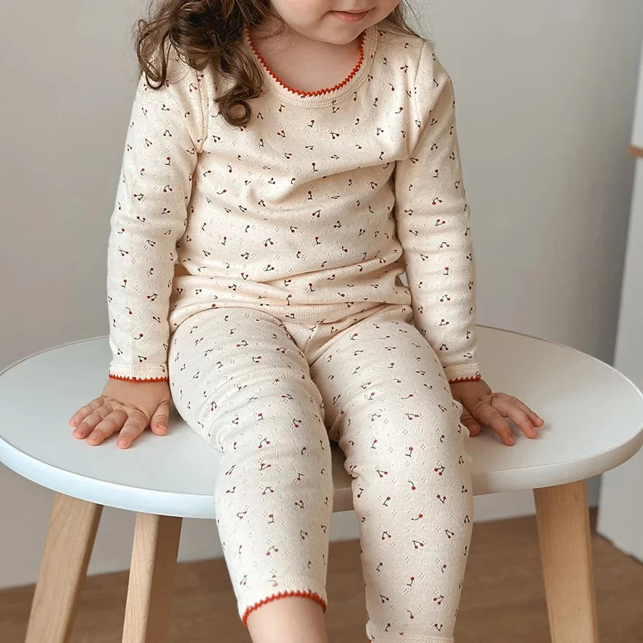 Cherry Print Girls Cotton Pajama Set, Cream Long Sleeve Top and Matching Pants with Red Picot Trim, Two-Piece Toddler Homewear, 1-6T
