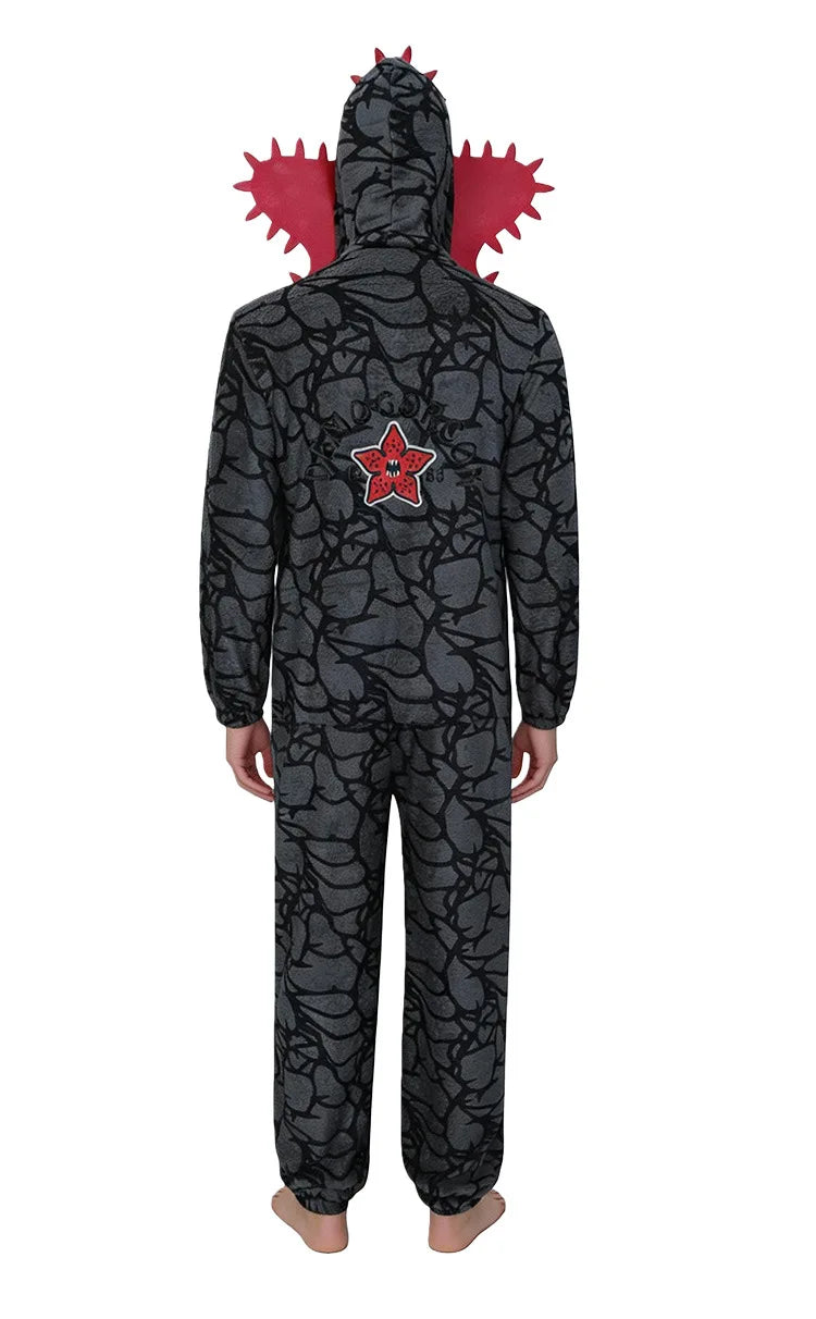 Demogorgon Costume for Kids and Adults, Black Flannel Monster Hooded Jumpsuit with Flower Face Design for Halloween Parties and Cosplay