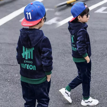 Boys Winter Tracksuit Set with Velvet-Texture Zip-Up Hooded Jacket and Matching Pants, 2-Piece Polyester Outfit for Ages 3-10