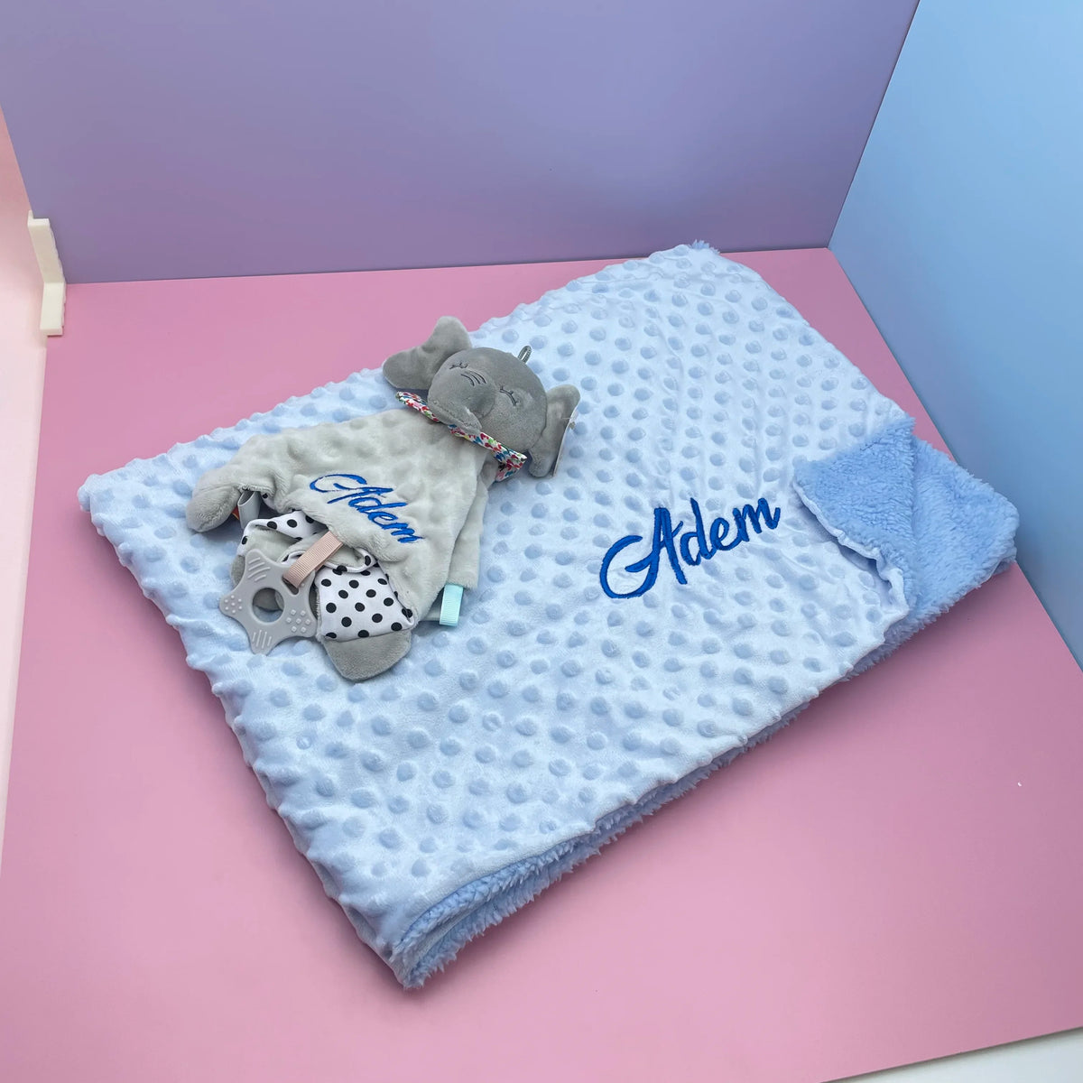 Embroidered Name Baby Blanket and Animal Comforter Options, Personalized Minky Bubble-Texture Keepsake with Single-Item and Two-Piece Gift Choices