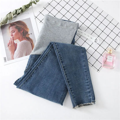 Maternity Denim Jeans with Over-Belly Panel, Blue Pregnancy Pants with Frayed Hem Styling, M-2XL Options for Everyday Casual Outfits