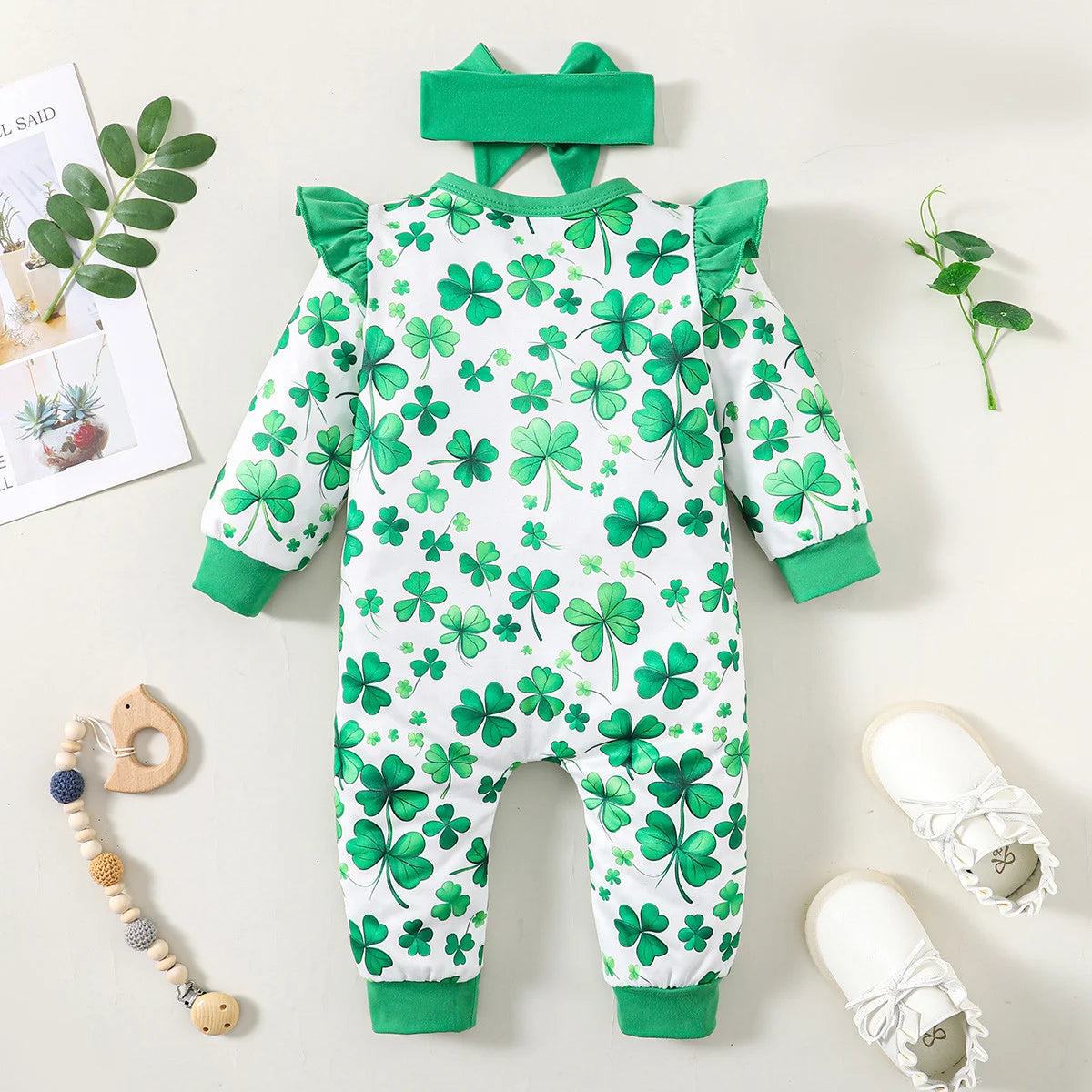 Bear Print Infant Romper with Long Sleeves and Front Fastenings, Contrast Trim and Footless Cuffs for Everyday Baby Outfits, Sizes 1-18 Months