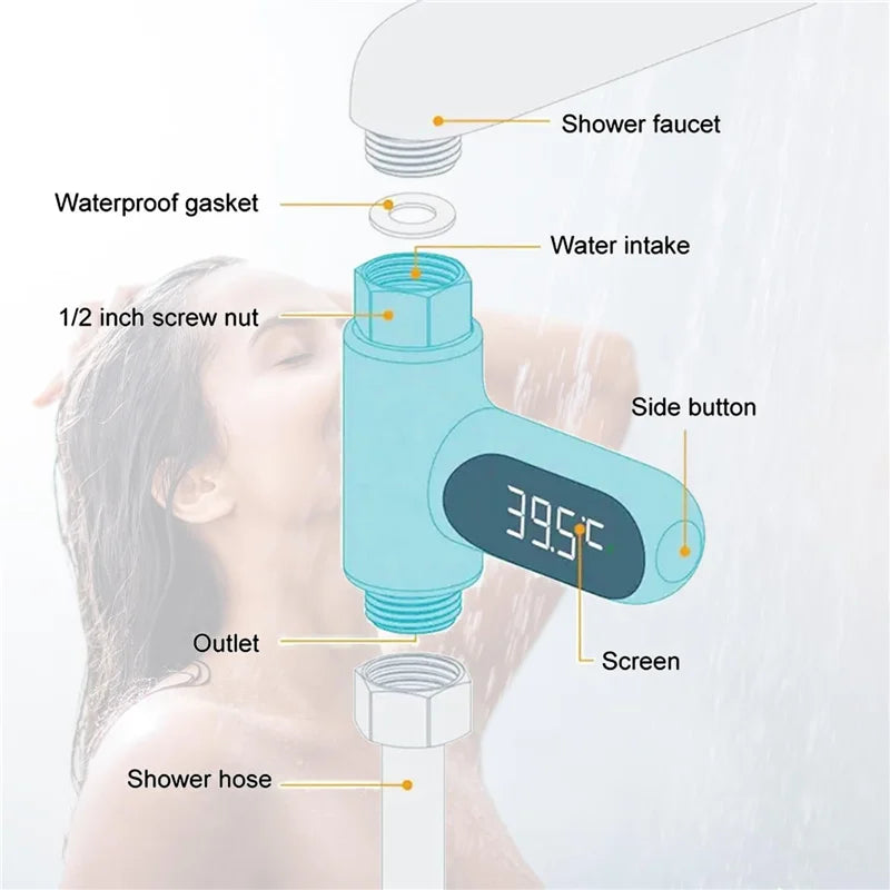 Inline Shower Water Thermometer with Large LED Temperature Display, First or Second Generation Options for Parent-Managed Bath Preparation