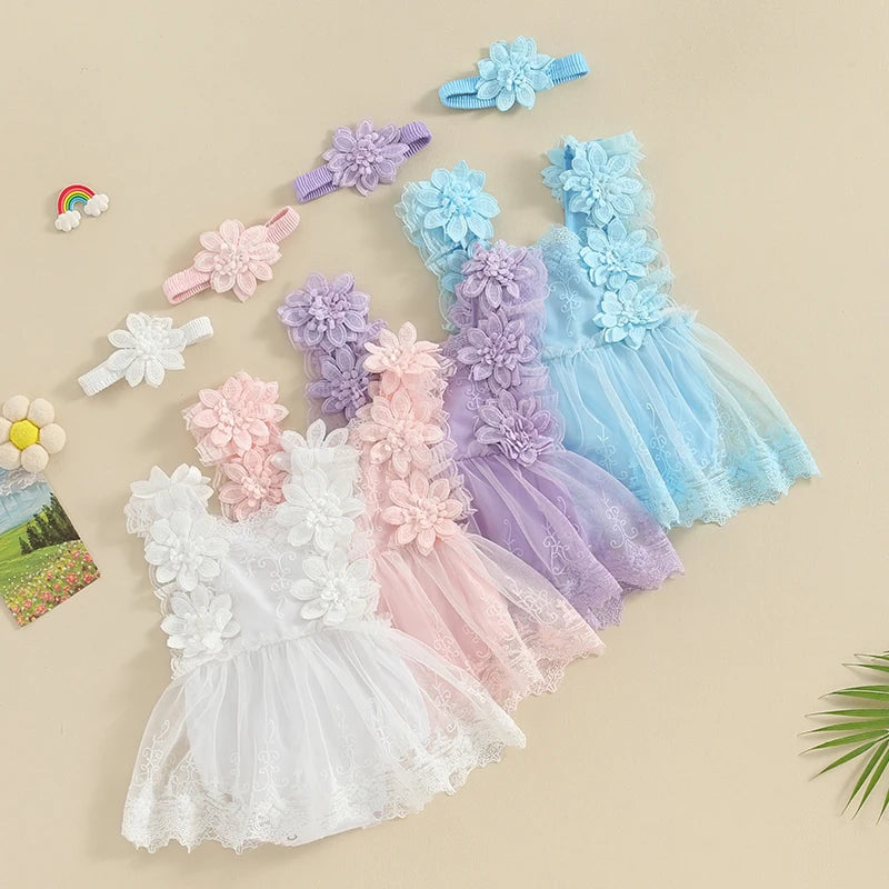 Floral Lace Baby Romper Dress with Matching Headband, Raised Flower Bodice and Sleeveless Square Neck for Parties and Milestone Photos, 0-18 Months