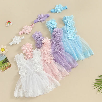 Floral Lace Baby Romper Dress with Matching Headband, Raised Flower Bodice and Sleeveless Square Neck for Parties and Milestone Photos, 0-18 Months
