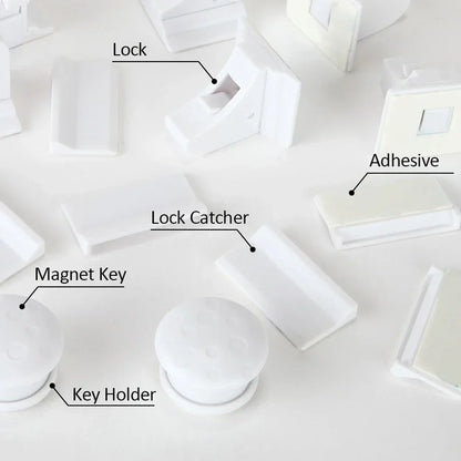 Magnetic Cabinet Safety Locks with Hidden Interior Latches and No-Drill Adhesive Installation for Compatible Drawers and Cupboard Doors