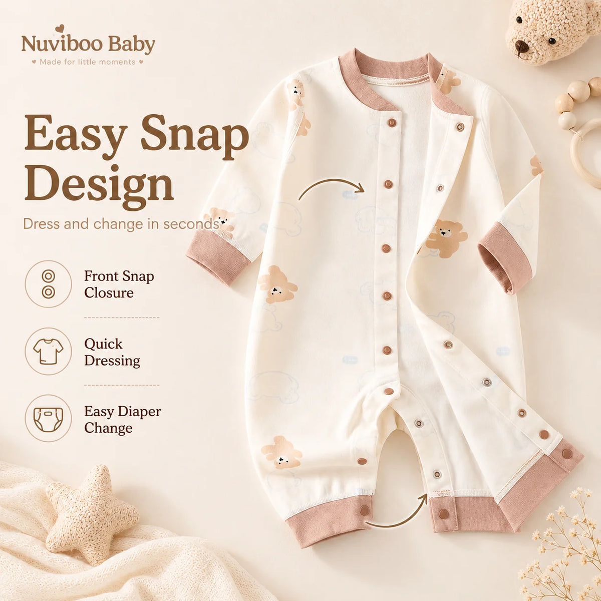 Long Sleeve Cotton Baby Romper with Front Snaps and Footless Cuffs, Animal Prints and Solid Colors for Boys and Girls, Sizes 59-90 cm