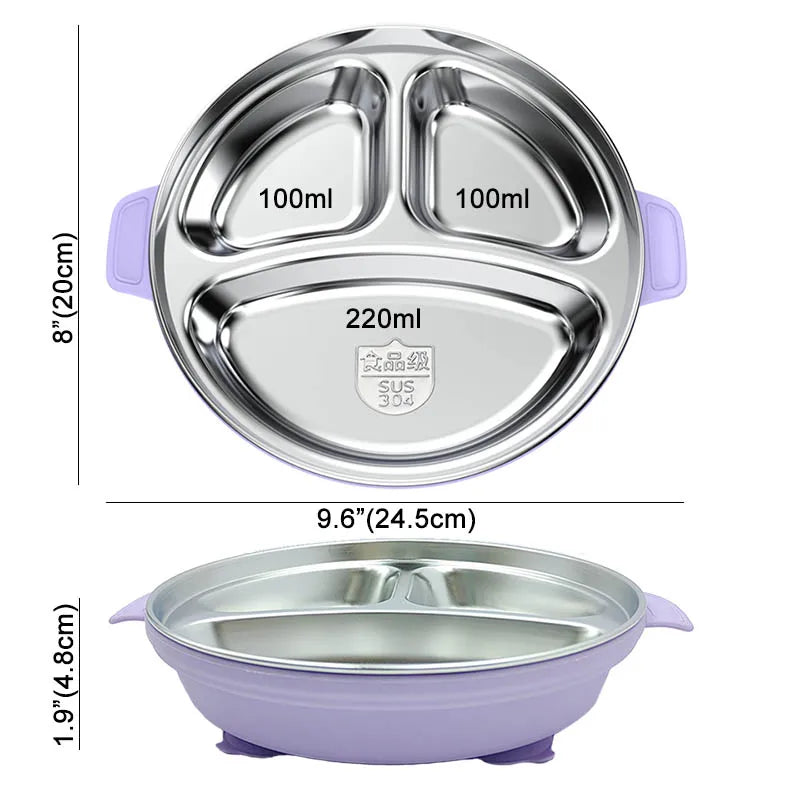 Stainless Steel Baby Feeding Set, 4-Piece Tableware with Three-Section Suction Plate, Handled Bowl, Spoon and Fork in Four Colors