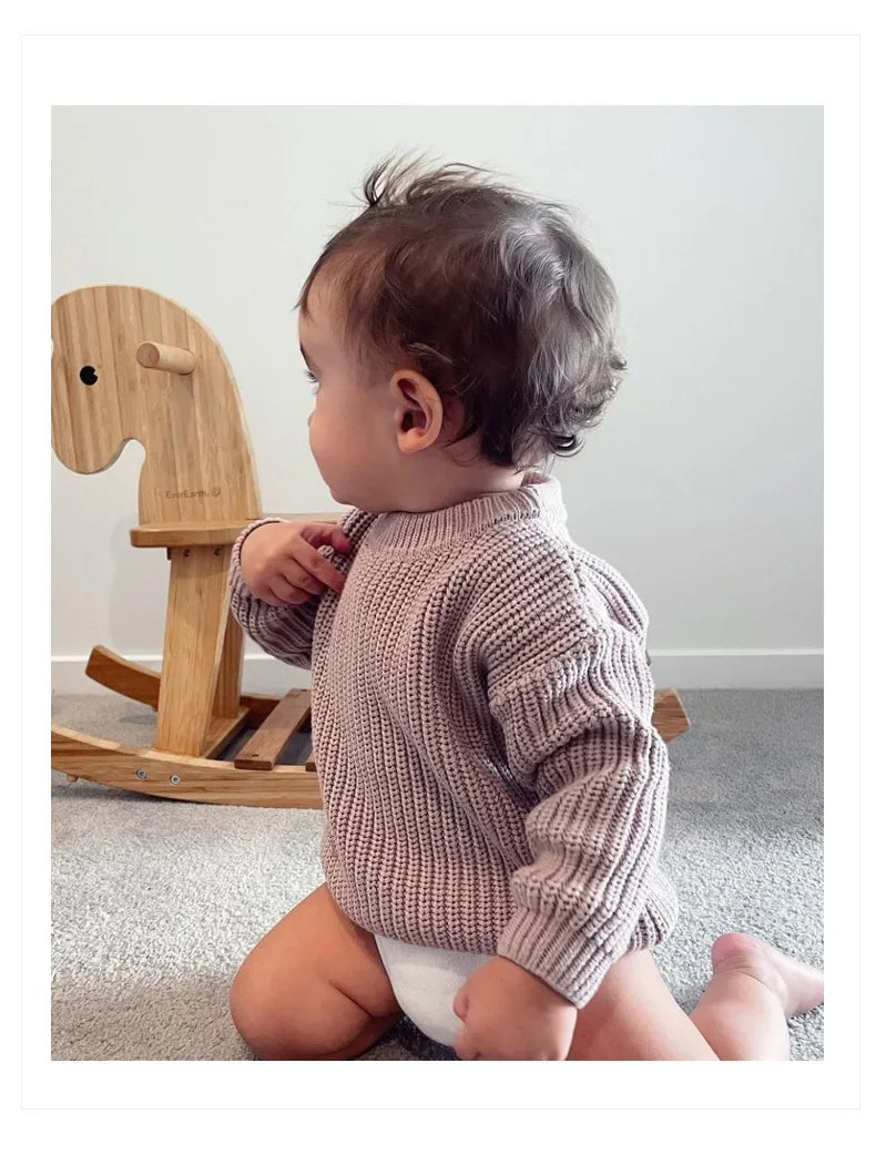 Cotton Crewneck Baby Sweater for Boys and Girls, Long Sleeve Ribbed Knit Pullover for Infants and Kids, Everyday Cool Weather Layering
