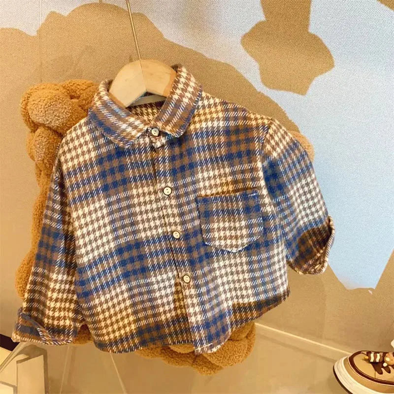 Plaid Kids Long Sleeve Button-Down Shirt with Classic Collar, Retro Casual Layering Top for Boys and Girls, Size Labels 90-150 cm