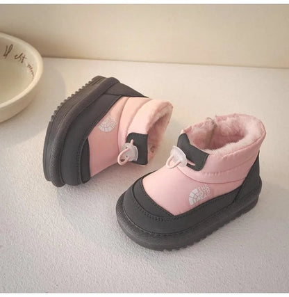 Plush-Lined Kids Snow Boots with Side Zippers and Chunky Platform Soles, Boys and Girls Winter Ankle Boots in Pink, Black and Ivory
