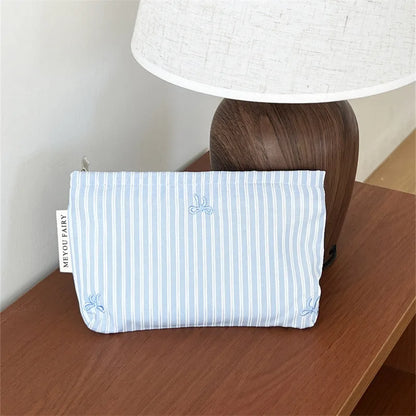 Baby Essentials Pouch with Striped Bow Embroidery and Zipper Closure, Small or Large Diaper Bag Organizer for Toiletries, Makeup and Travel