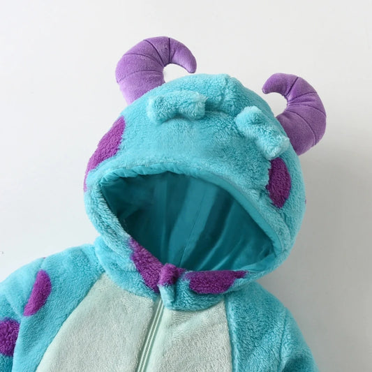 Monster Hooded Baby Jumpsuit, Blue and Purple Spotted Fleece One-Piece with Curved Horns and Front Zipper for Boys and Girls Winter Outfits