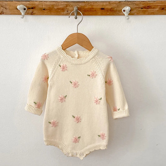 Beige Baby Girl Floral Embroidered Knit Romper with Pink Flower Details, Long Sleeves, Ribbed Neckline and Button Crotch, 3-24M