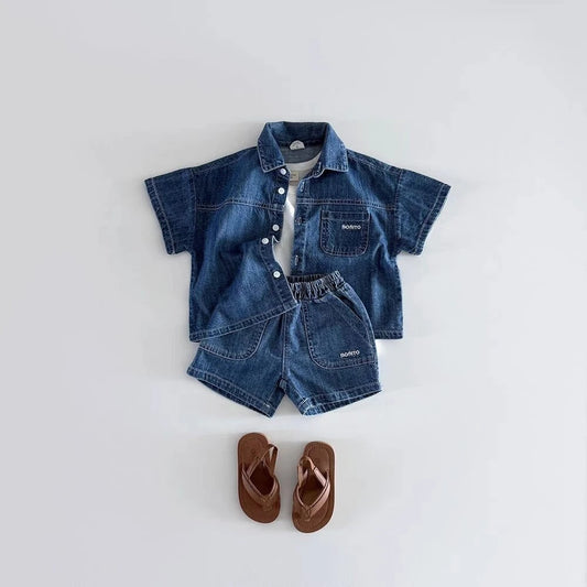 Toddler Denim Shirt and Shorts Set with Short Sleeves, Button Front and Elastic Waist, Dark or Light Blue Two-Piece Outfit for Boys and Girls