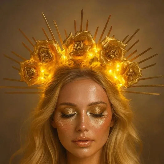 Rose Sunburst Goddess Crown, Gold or Silver Floral Halo Headband with Optional LED Lights for Festivals, Halloween Costumes and Party Photos
