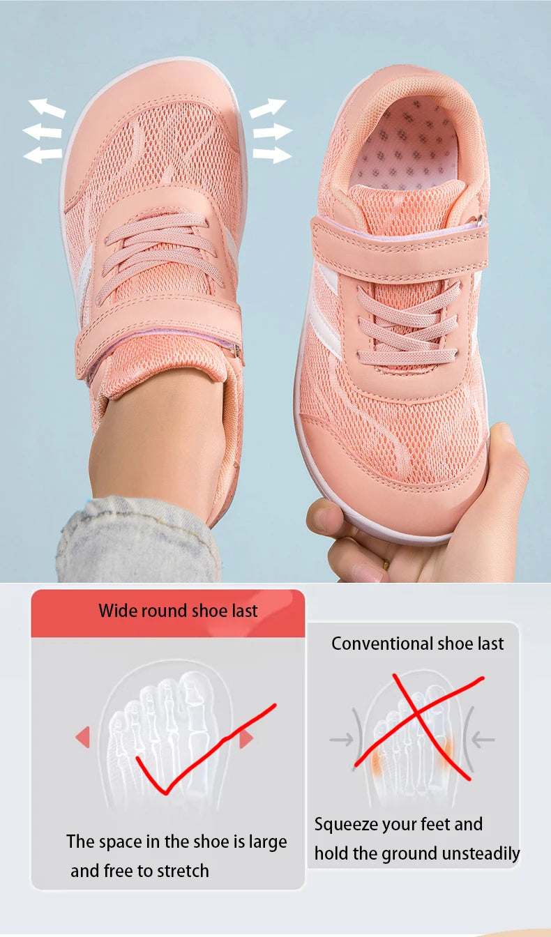 Kids Wide-Toe Mesh Sneakers with Adjustable Hook-and-Loop Strap, Contrast Side Stripes and Low-Top Casual Style in Pink, Black or Blue
