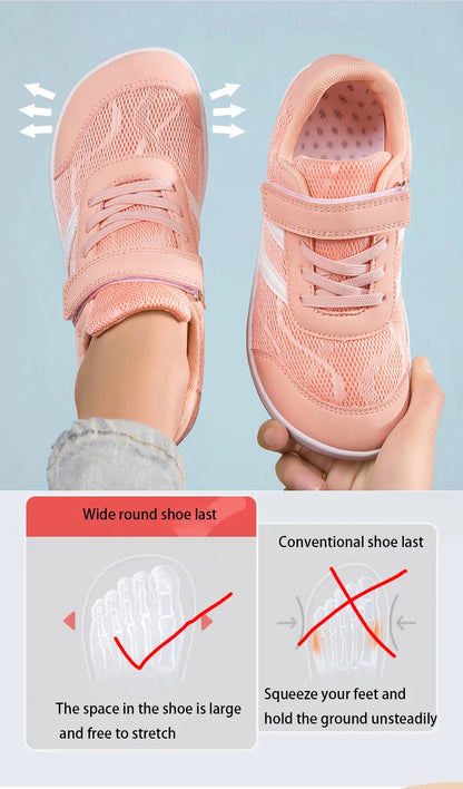 Kids Wide-Toe Mesh Sneakers with Adjustable Hook-and-Loop Strap, Contrast Side Stripes and Low-Top Casual Style in Pink, Black or Blue