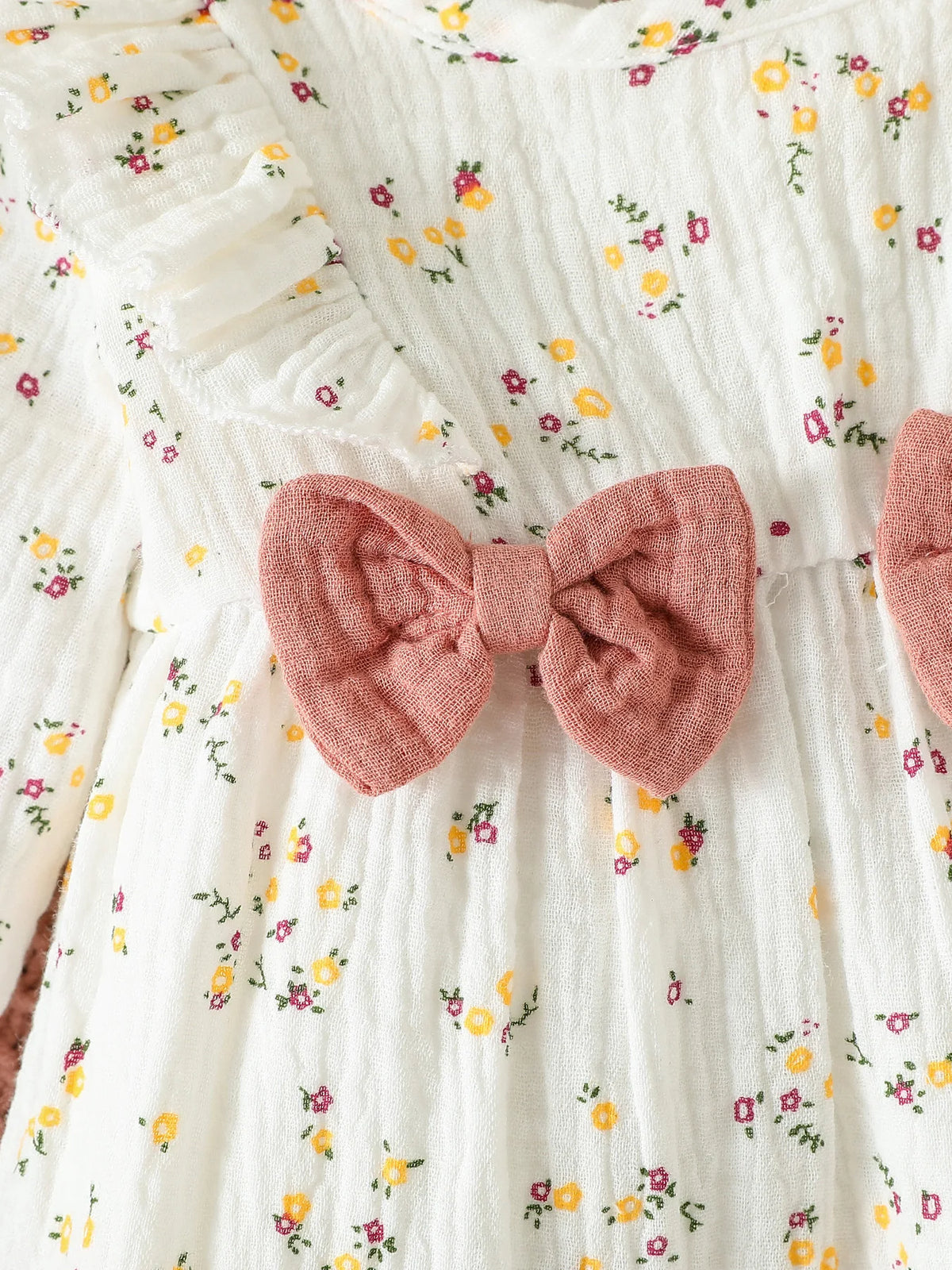 Baby Girl Heart Print Romper with Shoulder Ruffles and Bow Details, Long Sleeve Cotton Jumpsuit with Inner-Leg Snaps, Sizes 0-6 Months