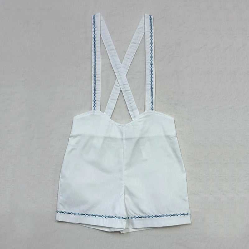 Matching Sibling Clothes with Classic Blue Trim, Shirts, Shorts, Overalls, Dresses and Cardigan Options for Baby Boys, Girls and Kids
