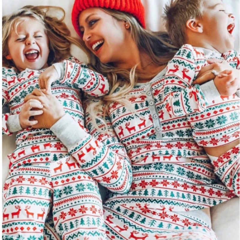 Matching Christmas Pajamas for Family, Festive Allover Print Mom Dad Kids Two-Piece Outfits and Baby Romper for Holiday Photos