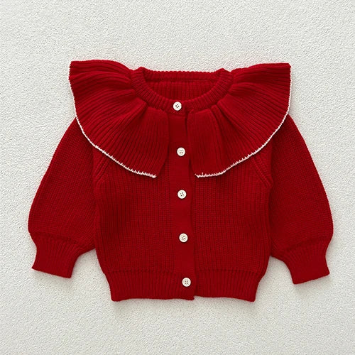 Contrast-Trim Ruffle Collar Baby Girl Cardigan Styles with Button Front and Long Sleeves, Infant and Toddler Knit Sweater Options in Sizes 3M-3T
