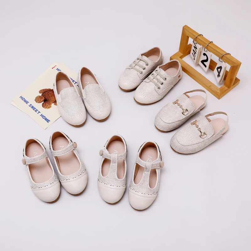 Children Dress Flats in Classic Loafer and T-Strap Styles, Beige Occasion Shoes for Boys and Girls, Weddings, Parties and Family Photos