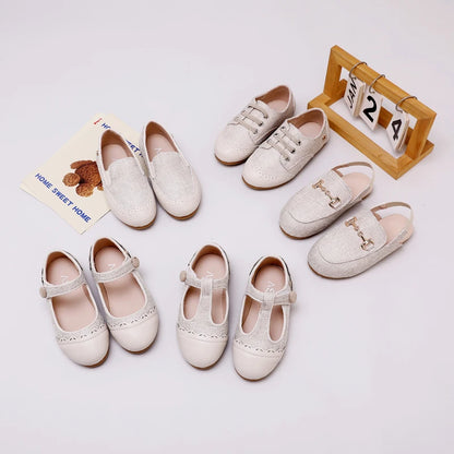 Children Dress Flats in Classic Loafer and T-Strap Styles, Beige Occasion Shoes for Boys and Girls, Weddings, Parties and Family Photos