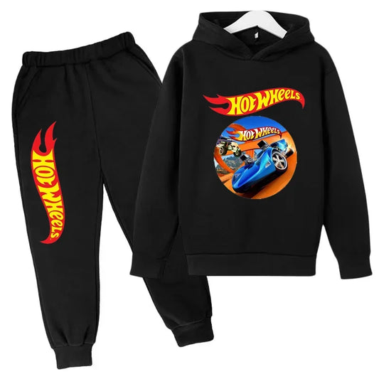 Car Graphic Kids Tracksuit with Hot Wheels Print Hoodie and Jogger Pants, Two-Piece Casual Outfit for Boys and Girls in Sizes 100-160