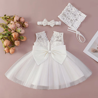 Baby Baptism Gown for Girls with Long Sleeves, Lace Details and Cotton Lining, Dress and Cap Set for Christening and First Birthday Photos