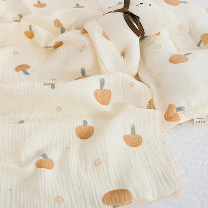 Large Muslin Baby Blanket, 150 x 120 cm Two-Layer Cotton Receiving Wrap with Floral Prints and Decorative Scalloped Edges for Supervised Cuddles