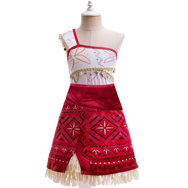 Ocean Princess Costume Dress for Girls with Necklace, Red Patterned Skirt and Fringe Trim for Halloween, Birthday Parties and Adventure Dress-Up