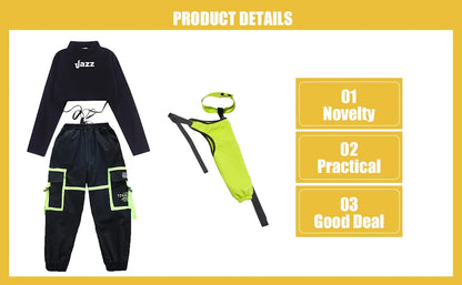 Girls Hip Hop Cargo Pants Dance Set with Crop Top and Decorative Sleeve, Three-Piece Colorblock Stage Outfit for Ages 4–16 by LOLANTA