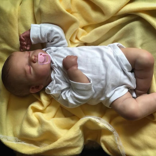 Reborn Newborn Doll LouLou with Sleeping Expression, 45-50 cm Cloth Body and Vinyl Details, Painted Hair, Outfit, Pacifier, Bottle and Birth Card