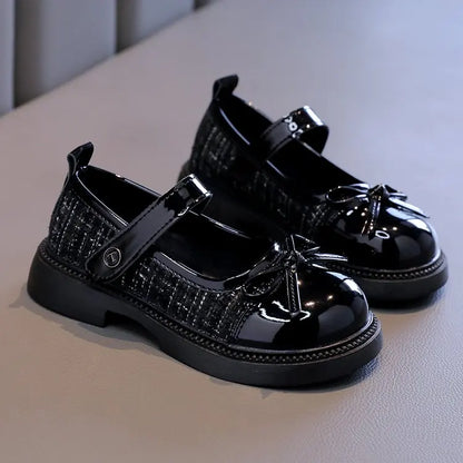 Girls Patchwork Mary Jane Shoes with Bow Detail, Glossy Round Toe and Textured Panels in Black or Beige for Spring Fall Dressy Outfits