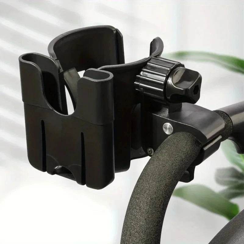Stroller Beverage and Phone Organizer with Clamp Mount, 2-in-1 Cup and Bottle Holder in Black or Beige for Compatible Stroller and Wheelchair Frames