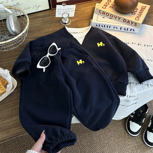 Kids Crewneck Sweatshirt and Jogger Pants Set with Small Letter Motifs, Relaxed Two-Piece Casual Outfit for Boys and Girls, Sizes 80–160