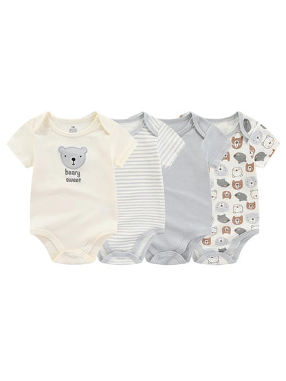 Cotton Baby Bodysuit 4-Piece Set by Kiddiezoom, Short Sleeve Infant Outfits with Envelope Shoulders, Snap Bottoms and Mixed Designs, 3M-12M