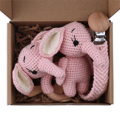 Crochet Animal Rattle Set with Wooden Ring and Coordinating Accessories, Rabbit, Deer and More Designs for Supervised Play and Baby Shower Gifts