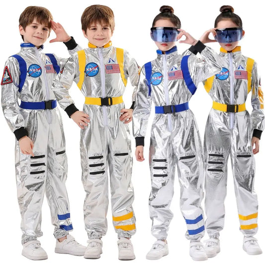 Kids Astronaut Costume Jumpsuit, Silver Space Explorer Outfit for Halloween, Carnival, Cosplay and Imaginative Dress-Up, Sizes 120–150