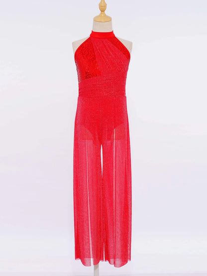 Girls Sequin Dance Jumpsuit with Split Wide-Leg Mesh, Sleeveless Mock Neck and Crisscross Back for Lyrical Recitals and Stage Performances