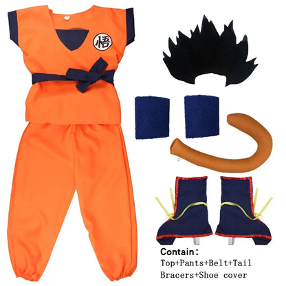 Orange Anime Gi Costume for Kids and Adults, Goku-Inspired Polyester Top and Pants with 5, 6 or 7-Piece Accessory Options for Halloween and Cosplay