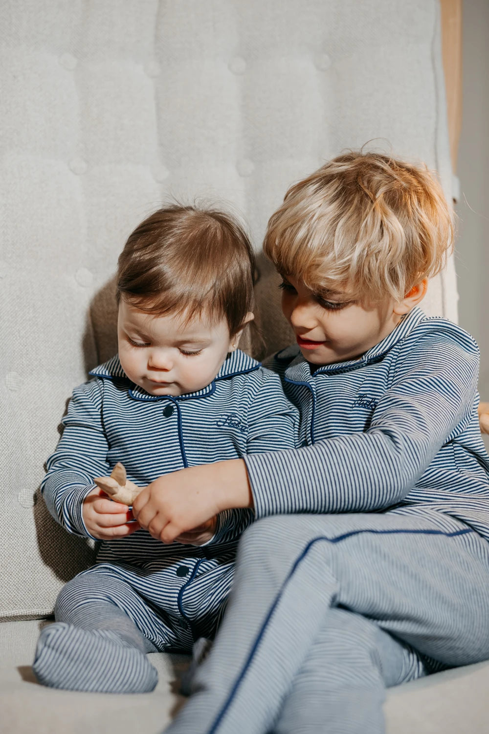 Striped Cotton Kids Matching Outfits with Collared Button Front, Blue and Red Two-Piece Styles, Baby Footie and Dress Options for Sibling Photos