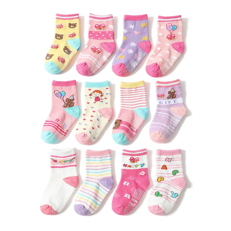 Cotton-Rich Baby Non-Slip Socks 12-Pair Pack, Crew Grip Socks with Ribbed Cuffs and Stretch Fit for Infant and Toddler Boys and Girls