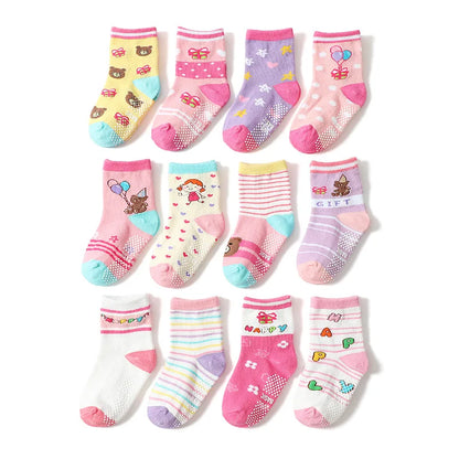 Cotton-Rich Baby Non-Slip Socks 12-Pair Pack, Crew Grip Socks with Ribbed Cuffs and Stretch Fit for Infant and Toddler Boys and Girls