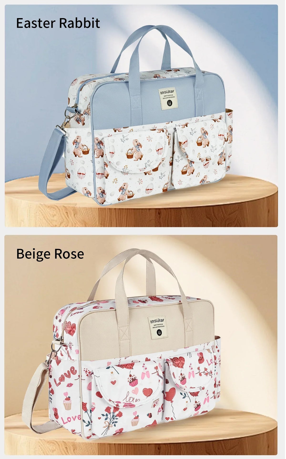 Diaper Tote Bag with Wide Opening and Printed Front Pockets, Large Capacity Baby Essentials Organizer for Moms, Travel and Everyday Outings