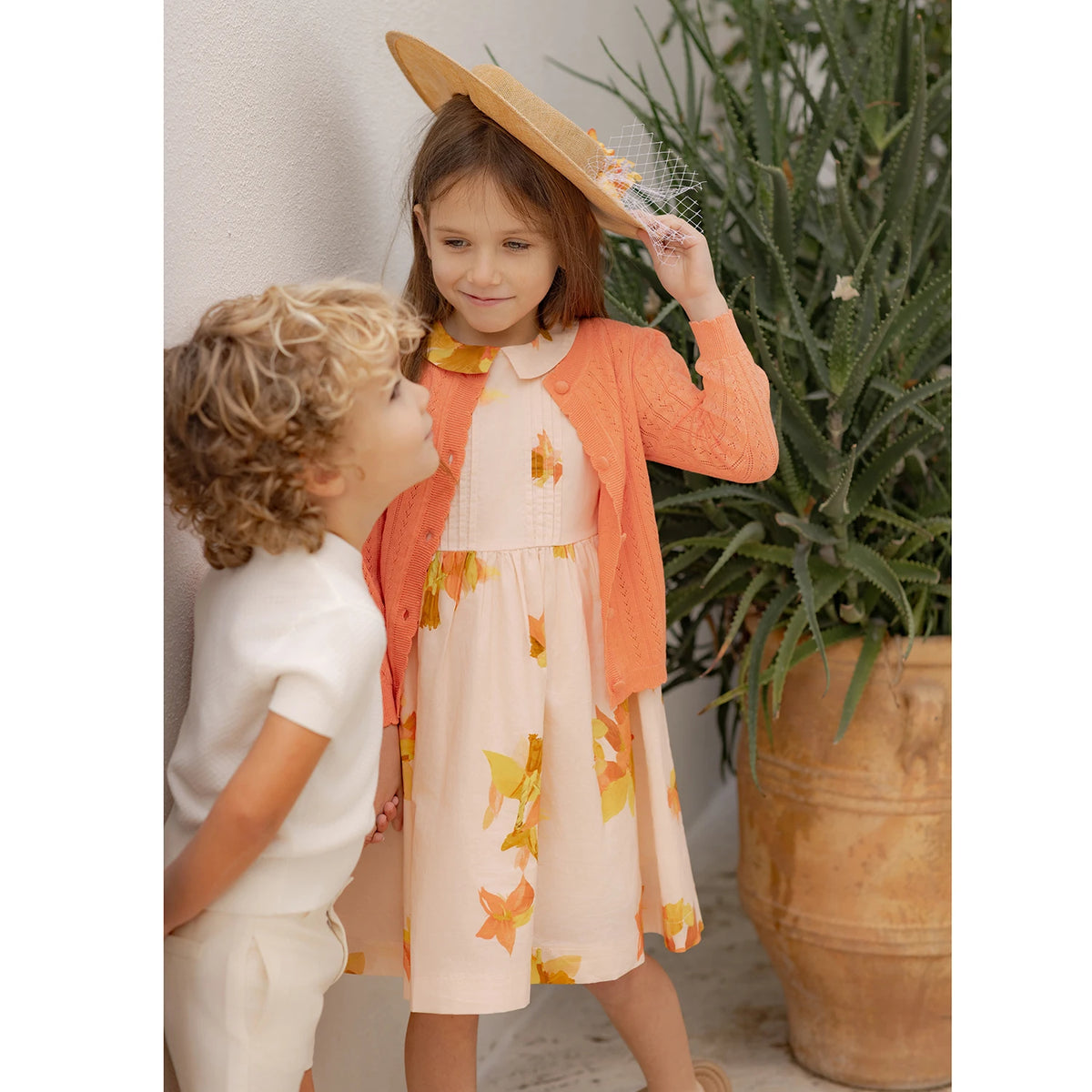 Floral and Ivory Kids Occasion Outfits, Cotton Girls Dress and Set Options with Lyocell Knitwear and Boys Blazer Styles for Sibling Photos