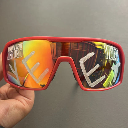 YEET Graphic Sunglasses with Jey Uso Main Event Lettering, Colorful Shield-Style Fan Shades in Children's and Adult Options for Party Outfits