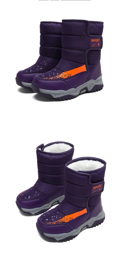 Kids Plush-Lined Winter Boots with Padded Shafts and Front Flap Closures, Pink or Purple Snow-Style Footwear for Boys and Girls